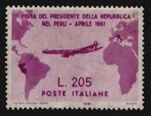 Francobollo italiano viola con aereo e scritta “Visita del Presidente della Repubblica” e valore L.205. "GRONCHI ROSA"